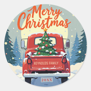 Merry Christmas Script Red Truck Sticker