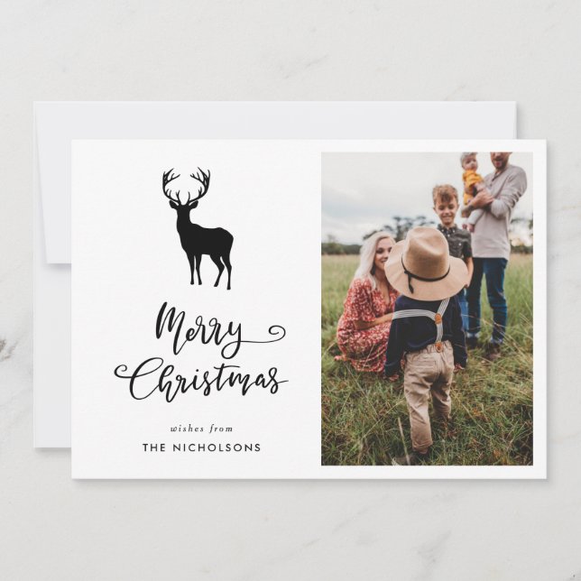 Merry Christmas Script Reindeer Christmas Photo Holiday Card (Front)