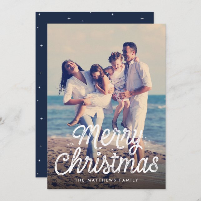 Merry Christmas script retro stars photo Holiday Card (Front/Back)