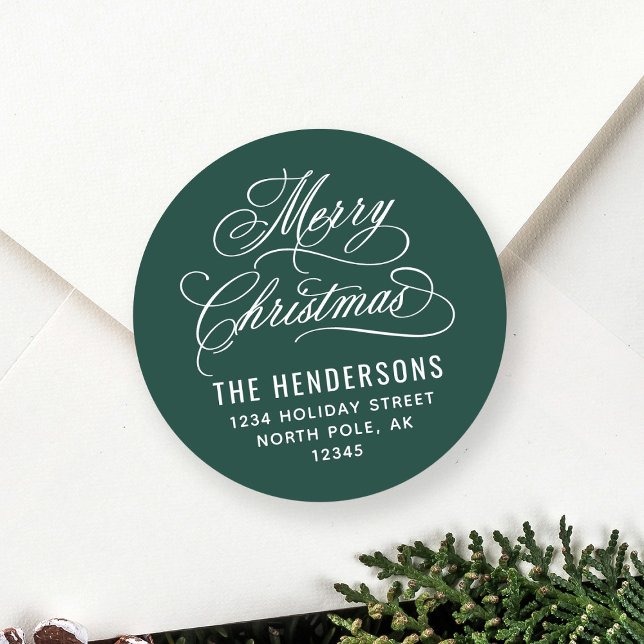 Merry Christmas Script Return Address Green Classic Round Sticker (Creator Uploaded)