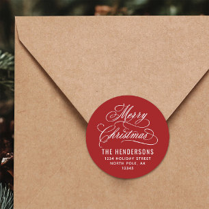 Merry Christmas Script Return Address Red Classic Round Sticker