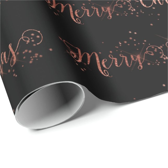 Merry Christmas Script Rose Gold Black Noir Wrapping Paper (Roll Corner)