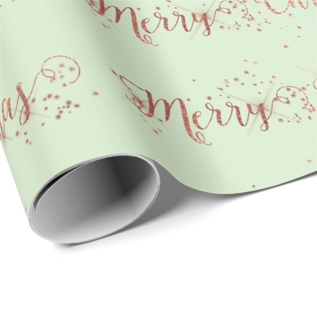 Merry Christmas Script Rose Gold Mint Green Pastel Wrapping Paper (Roll Corner)