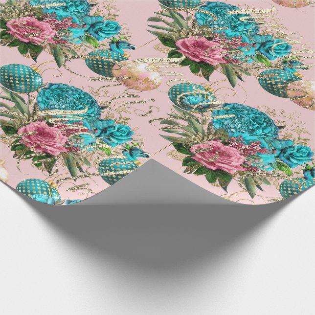 Merry Christmas Script Roses Gold Pink Blue Green Wrapping Paper (Corner)