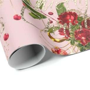 Merry Christmas Script Roses Gold Pink Mint Green Wrapping Paper