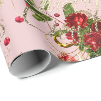Merry Christmas Script Roses Gold Pink Mint Green Wrapping Paper