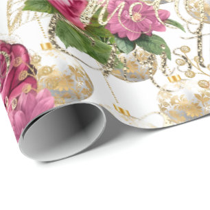 Merry Christmas Script Roses Gold Pink White Green Wrapping Paper