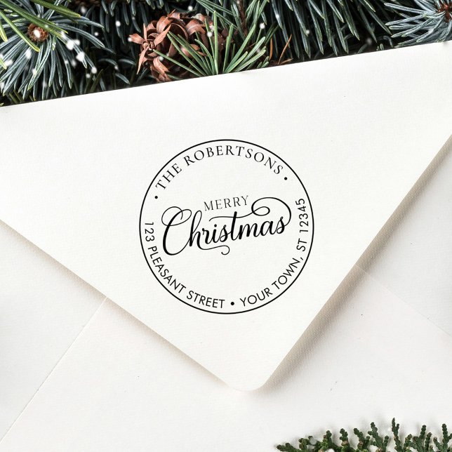Merry Christmas Script Round Return Address Rubber Stamp (Creator Uploaded)