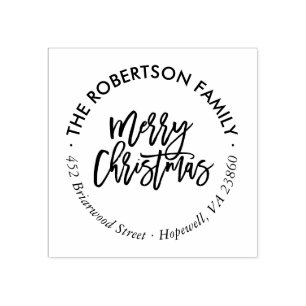 Merry Christmas Script Round Return Address Stamp