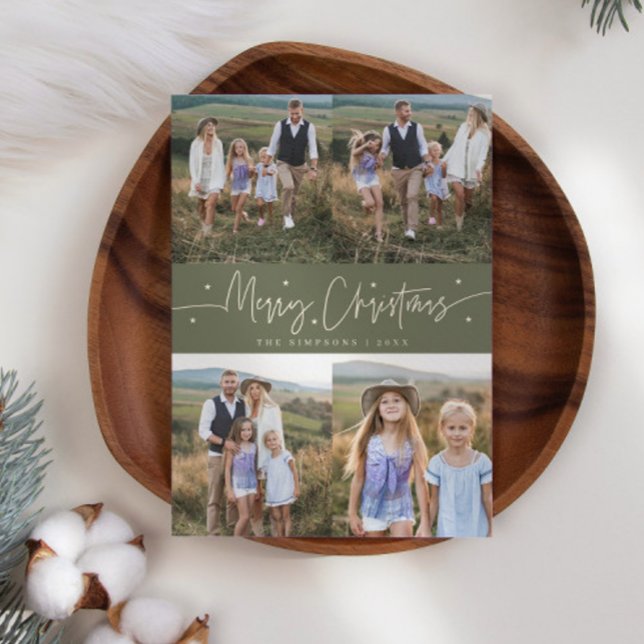 Merry Christmas Script Sage Green Multi Photo Holiday Card (Creator Uploaded)