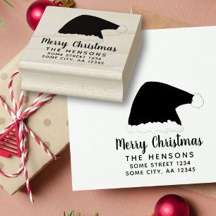 Merry Christmas Script Santa Hat Family Address Rubber Stamp