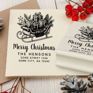 Merry Christmas Script Santa Sleigh Family Address Rubber Stamp
