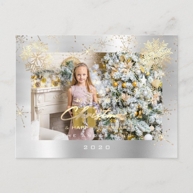 Merry Christmas Script Silver Grey Gold Lux Snow Postcard (Front)
