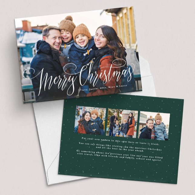 Merry Christmas script simple green four photo Holiday Card (Creator Uploaded)