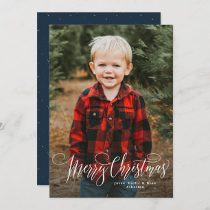Merry Christmas script simple navy blue photo Holiday Card