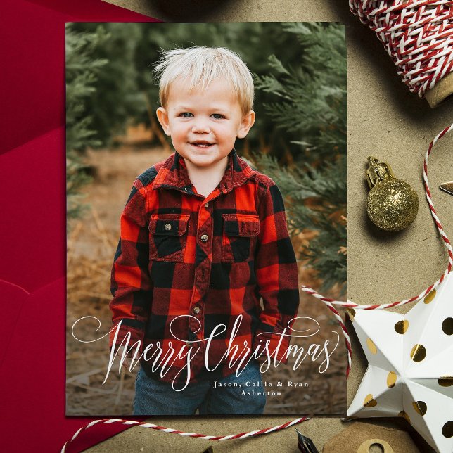 Merry Christmas script simple red photo Holiday Card (Creator Uploaded)