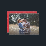 Merry Christmas Script Snow Photo Christmas Holiday Card<br><div class="desc">Featuring modern brush script,  snow,  and an additional photo on the back.</div>
