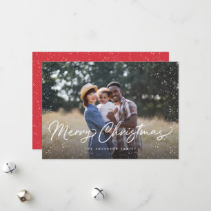 Merry Christmas Script Snow Photo Christmas Holiday Card