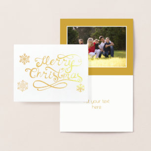 Merry Christmas script snowflakes photo gold Foil Card