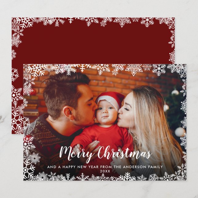 Merry Christmas Script Snowflakes Photo Holiday Card (Front/Back)