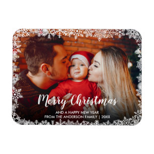 Merry Christmas Script Snowflakes Photo Magnet