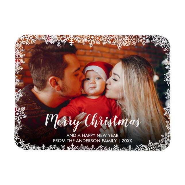 Merry Christmas Script Snowflakes Photo Magnet (Horizontal)