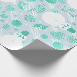 Merry Christmas Script  Snowman White Mint Blue Wrapping Paper
