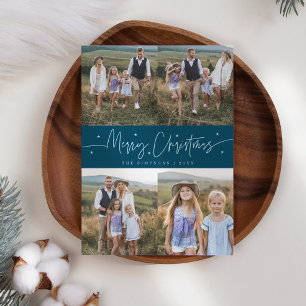 Merry Christmas Script Teal Multi Photo Holiday Card