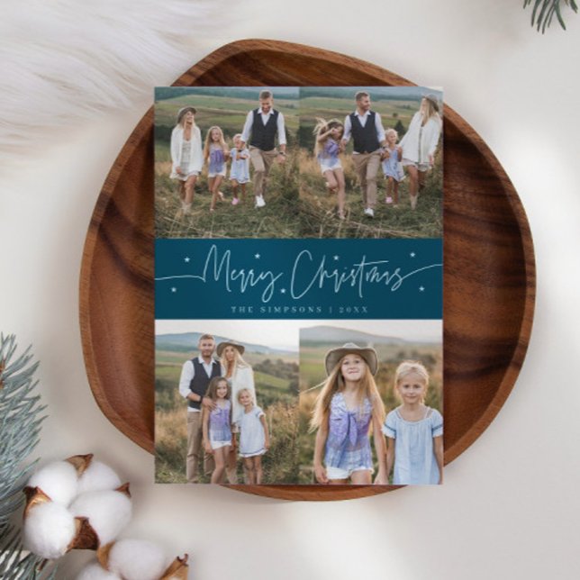 Merry Christmas Script Teal Multi Photo Holiday Card (Creator Uploaded)