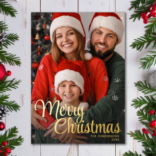 Merry Christmas Script Text Overlay Family Photo Foil Holiday Card