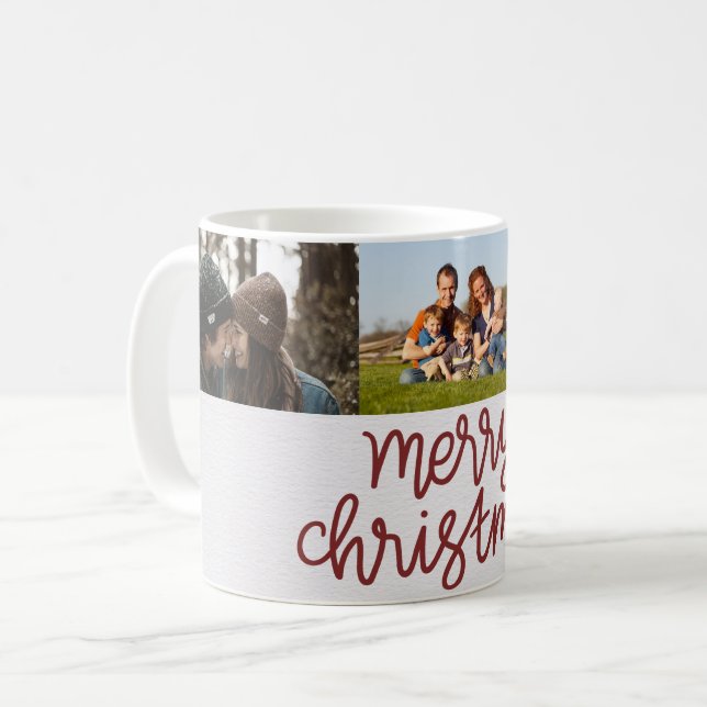 Merry Christmas Script Three Photo Coffee Mug (Front Left)