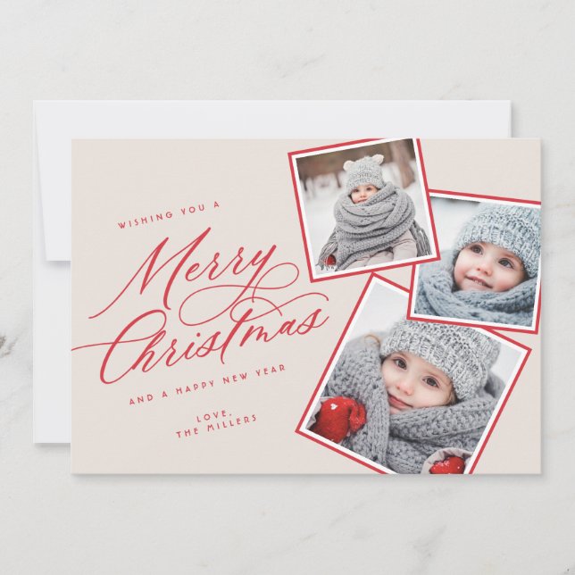 Merry Christmas Script Titled Multi-Photo  Blush Holiday Card (Front)