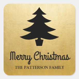 Merry Christmas Script   Tree Faux Gold Foil Square Sticker