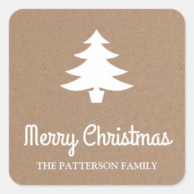 Merry Christmas Script | Tree Rustic Kraft Paper Square Sticker (Front)