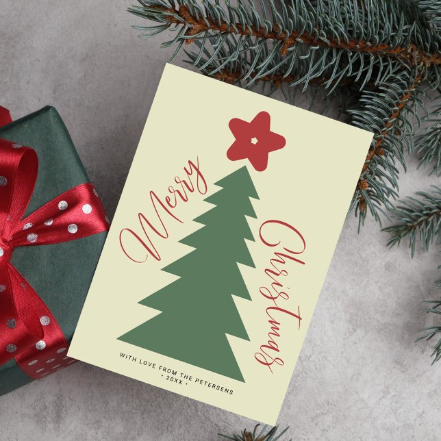 Merry Christmas script tree star red green modern Holiday Card (Creator Uploaded)