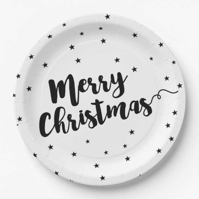 Merry Christmas - Script typography and stars Paper Plate (Front)