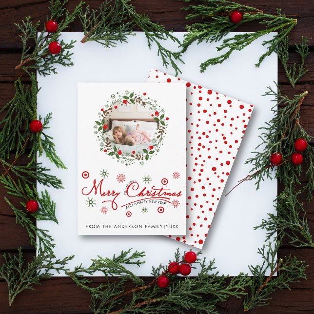 Merry Christmas script typography and wreath photo Holiday Card (Creator Uploaded)