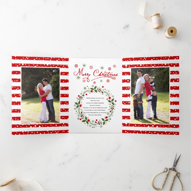 Merry Christmas script typography and wreath photo Tri-Fold Holiday Card (Inside)