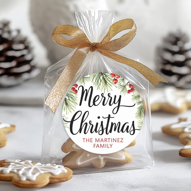 Merry Christmas Script Typography Classic Round Sticker (Merry Christmas Gift Tag Sticker)