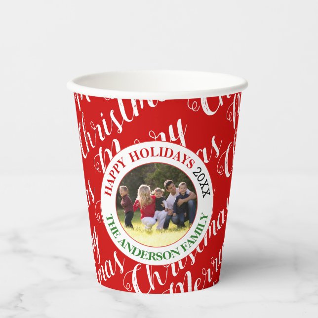 Merry Christmas script typography holiday photo Paper Cups (Front)