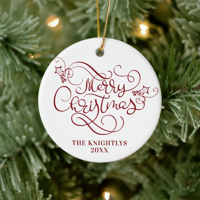 Merry Christmas Script Typography Name Red White Ceramic Tree Decoration (Tree)