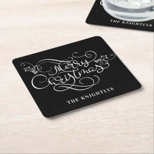 Merry Christmas Script Typography Your Colour Square Paper Coaster