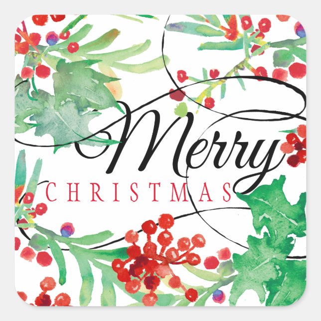 Merry Christmas Script Watercolor Holly Holiday Square Sticker (Front)