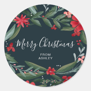 Merry Christmas script winter floral red green Classic Round Sticker