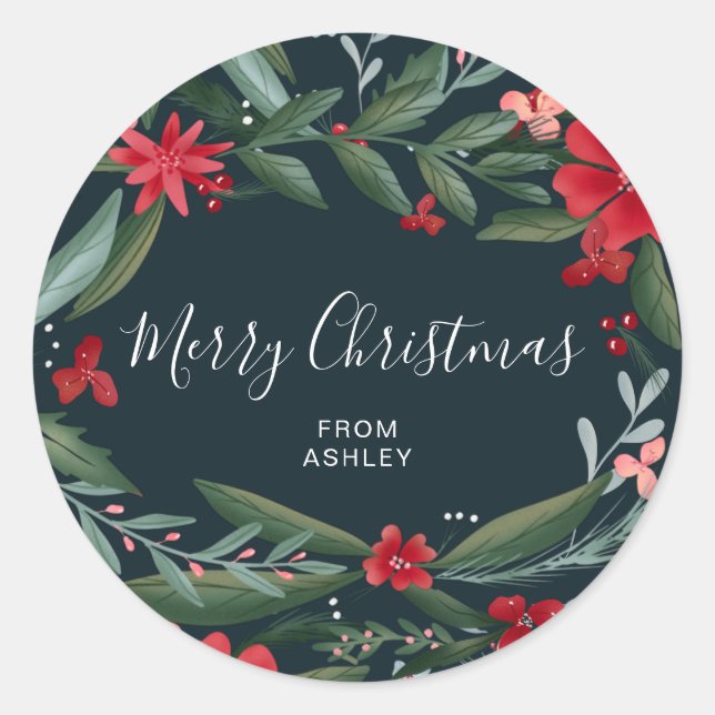 Merry Christmas script winter floral red green Classic Round Sticker (Front)