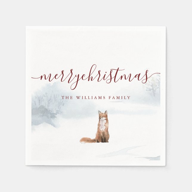 Merry Christmas Script Winter Fox Holiday Napkin (Front)