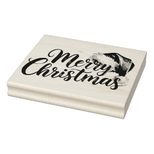 Merry Christmas Script with Santa Hat Illustration Rubber Stamp