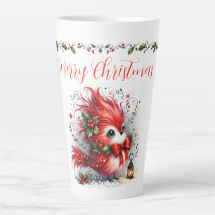Merry Christmas Script with Whimsical Holiday Bird Latte Mug