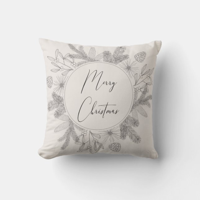 Merry Christmas Script Wreath Blush & Grey Modern Cushion (Front)