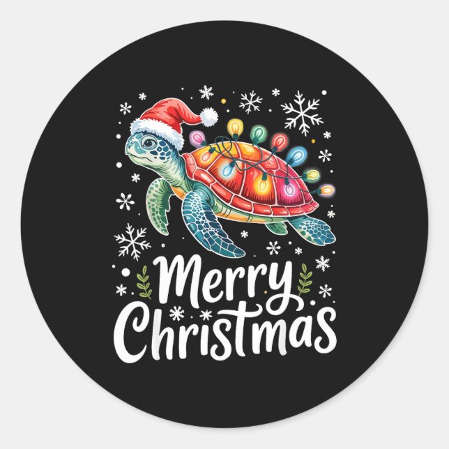 Merry Christmas Sea Turtle Christmas Lights Santa  Classic Round Sticker (Front)
